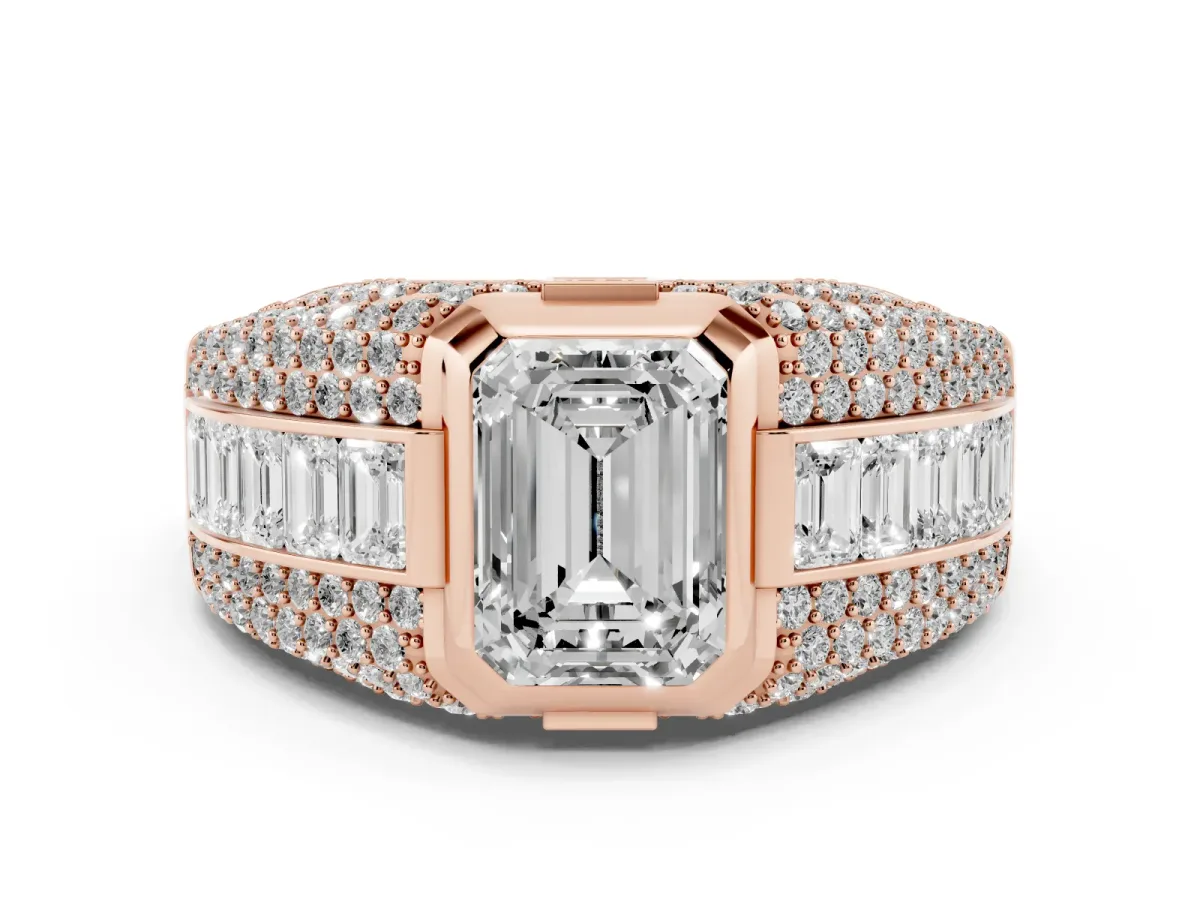Emerald Cut Diamond Mens Ring with Side Stones Rose gold
