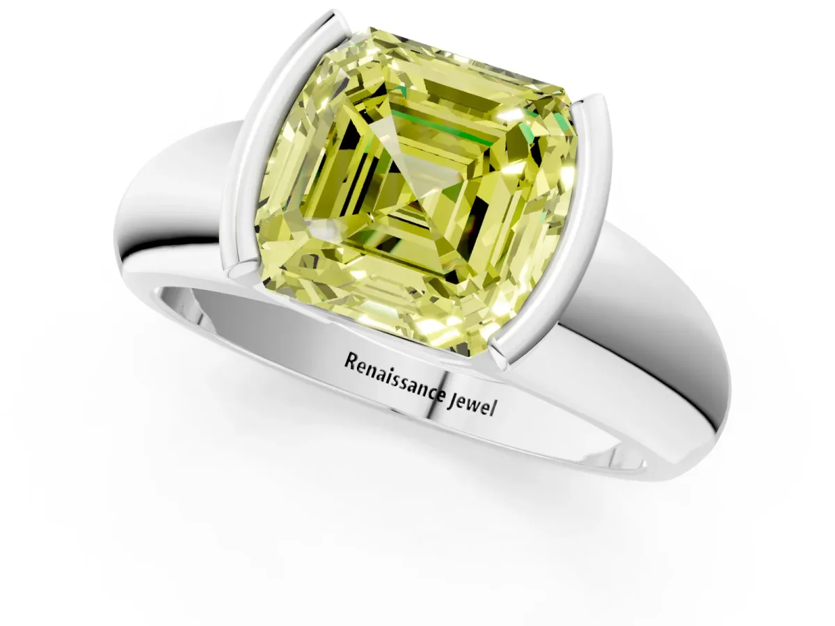 Fancy Yellow Asscher Cut Solitaire Tension Set Diamond Ring with Wide Band Platinum