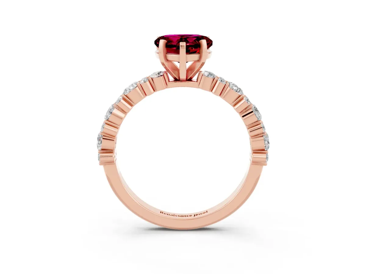 Heart Cut Garnet Side Stone Solitaire Ring with Round and Four-Prong Setting Rose gold