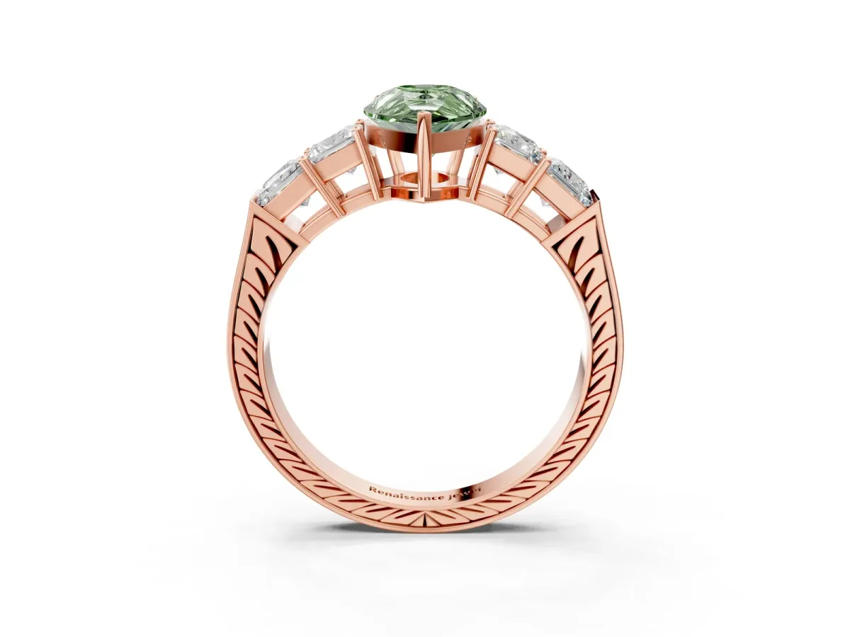 Fancy Green Pear Cut Solitaire Princess Side Stone Engraved Band Prong Setting Ring Rose gold