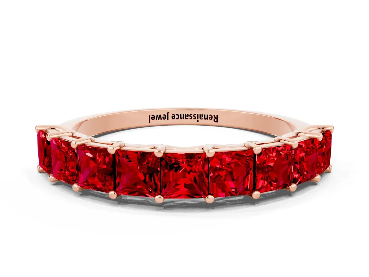 Princess Cut Ruby Channel-Set Eternity Band with Prong Setting Rose gold