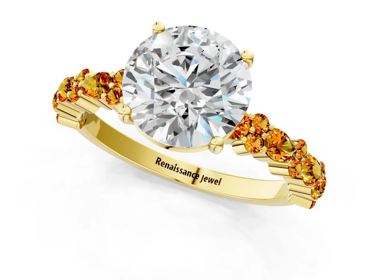 Round Cut Diamond Side Stone Solitaire Ring with Round Citrine and Four-Prong Setting Yellow gold