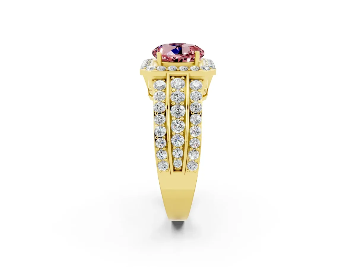 Round Cut Halo Morganite Ring with Round Split Shank and Prong Setting Yellow gold