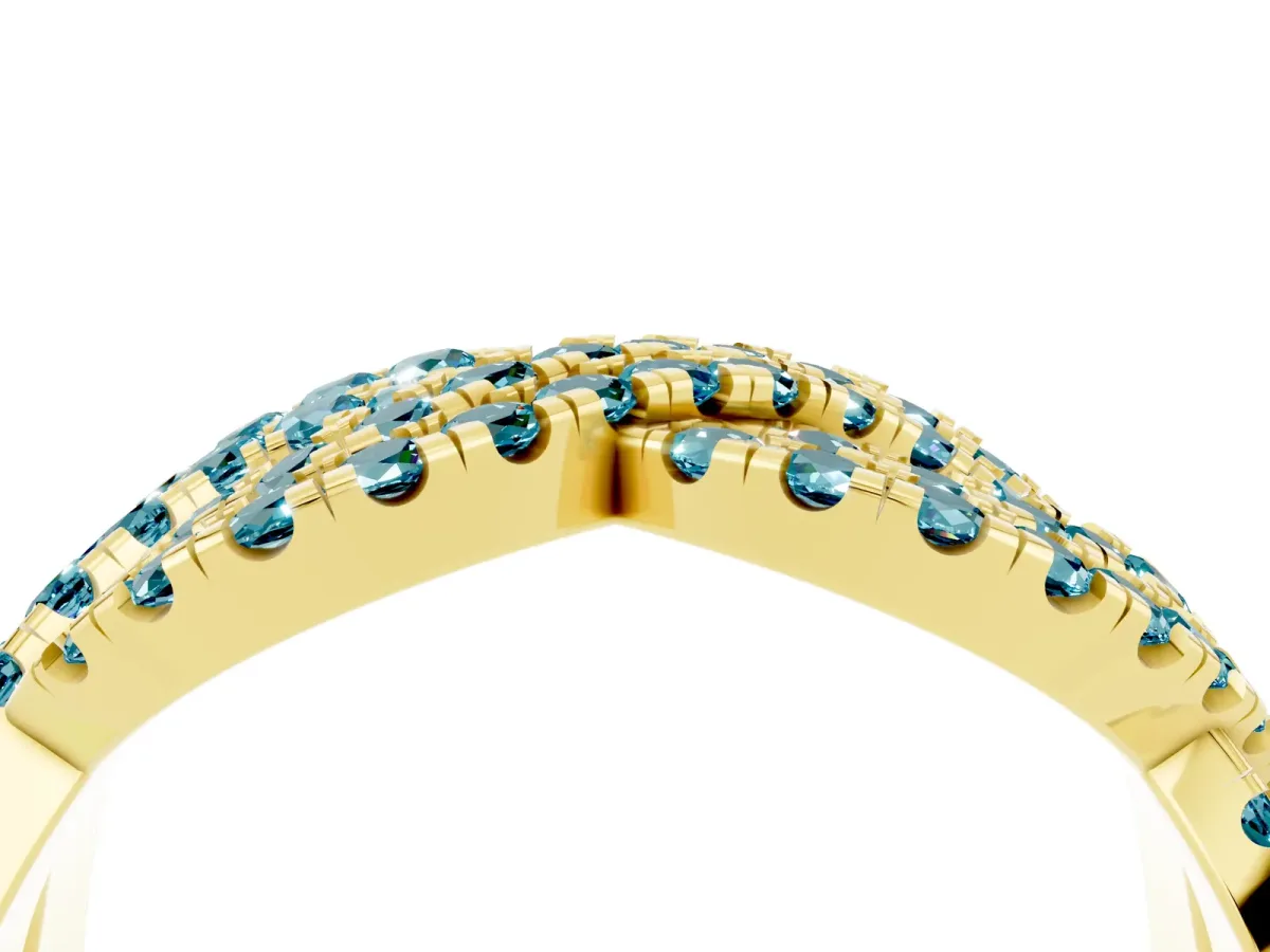 Pavé Round Blue Topaz Infinity Twist Band with Shared Prong Setting Yellow gold