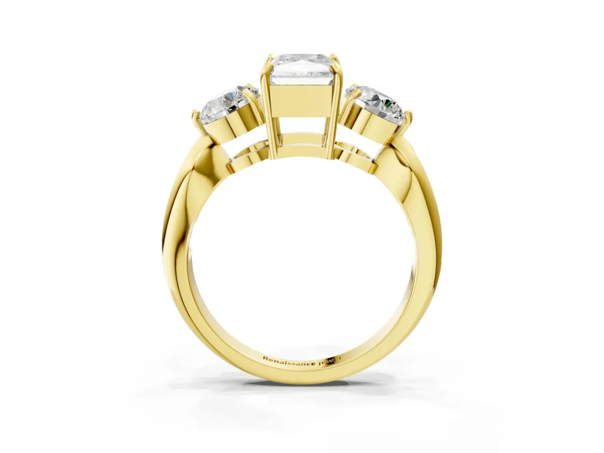 Three-Stone Radiant Cut Diamond Channel Set Engagement Ring with Prong Setting Yellow gold