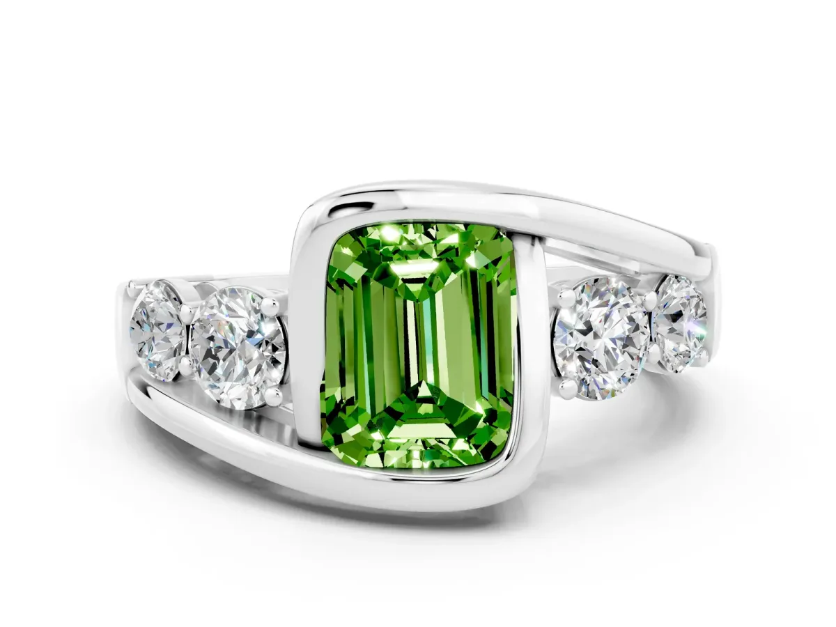 Bezel Set Emerald Cut Peridot Bypass Ring with Round Accents Platinum