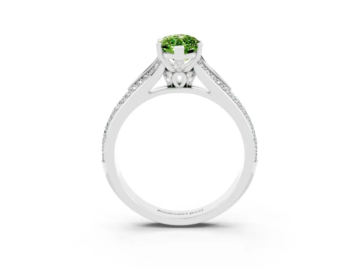 Marquise Cut Peridot Split Shank Engagement Ring with Pavé Band White gold