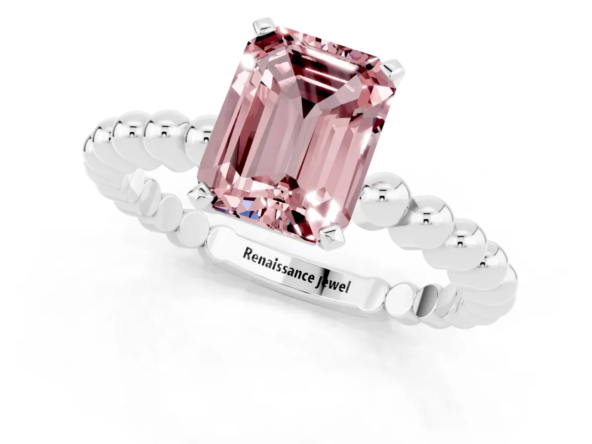 Emerald Cut Morganite Solitaire Ring with Beaded Band and Prong Setting White gold