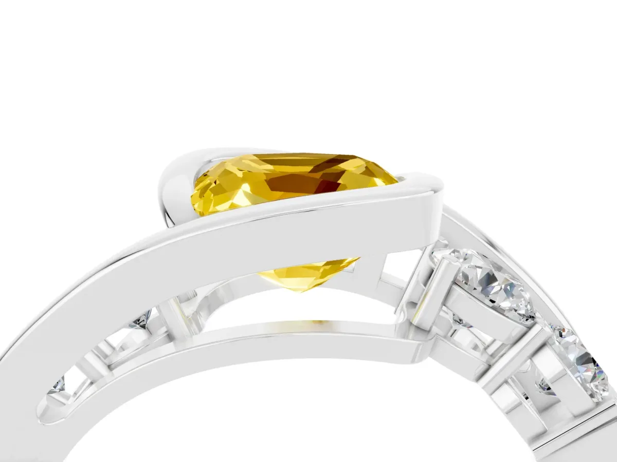 Bezel Set Cushion Cut Yellow Sapphire Bypass Ring with Round Accents Platinum