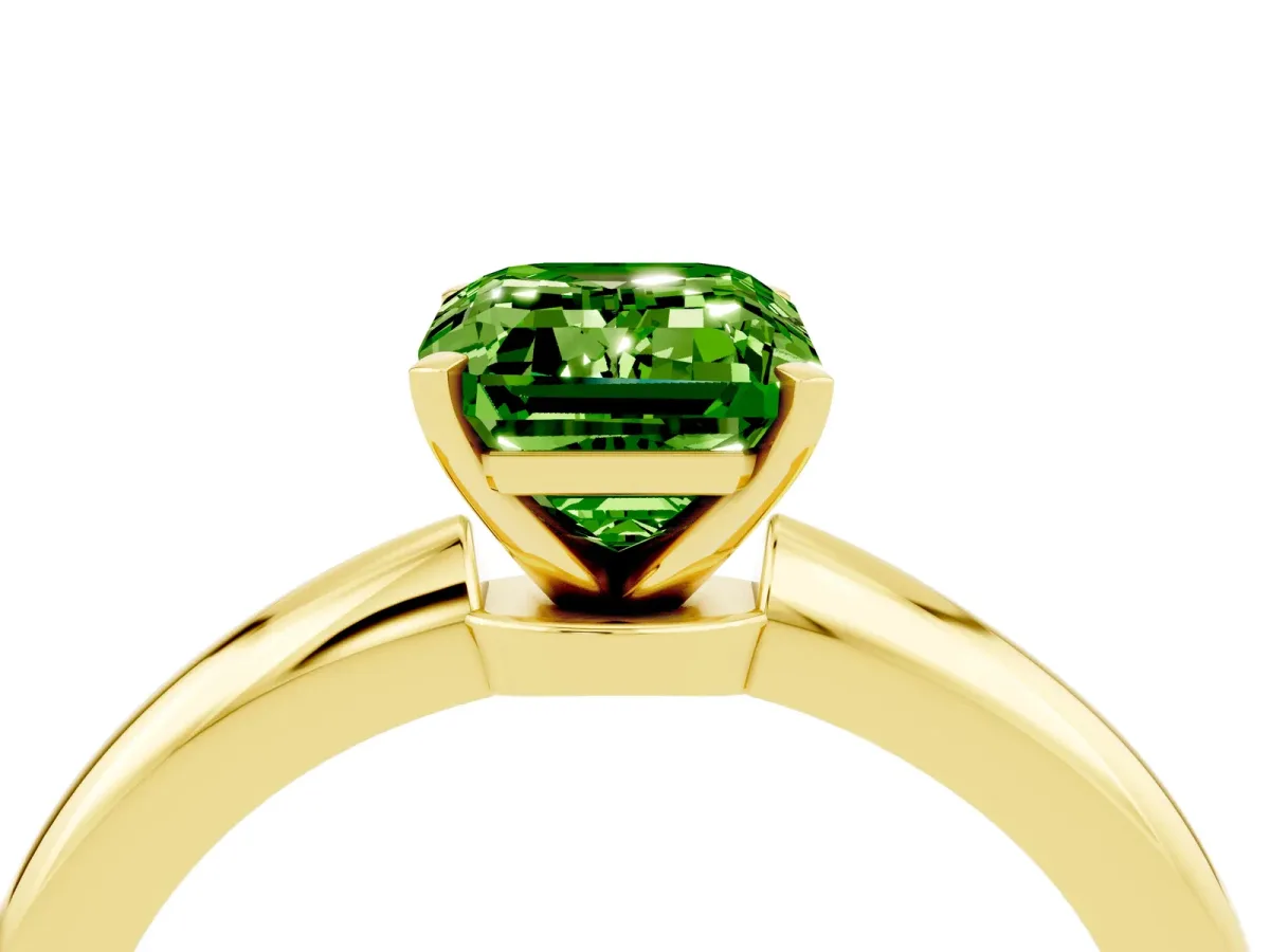 Emerald Cut Peridot Solitaire Ring with Six-Prong Setting and Classic Band Yellow gold
