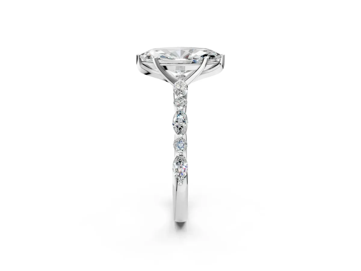 Marquise Cut Diamond Ring with Marquise and Round Side Stones and Four-Prong Setting Silver
