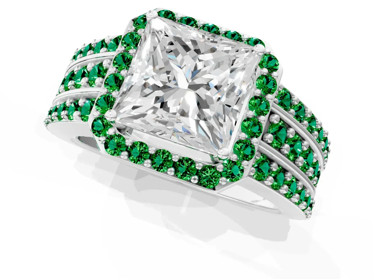 Princess Cut Halo Diamond Ring with Round Emerald Split Shank and Prong Setting Platinum