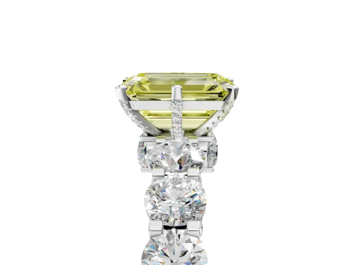 Fancy Yellow Emerald Cut Diamond Side Stone Engagement Ring with Four-Prong Setting Silver