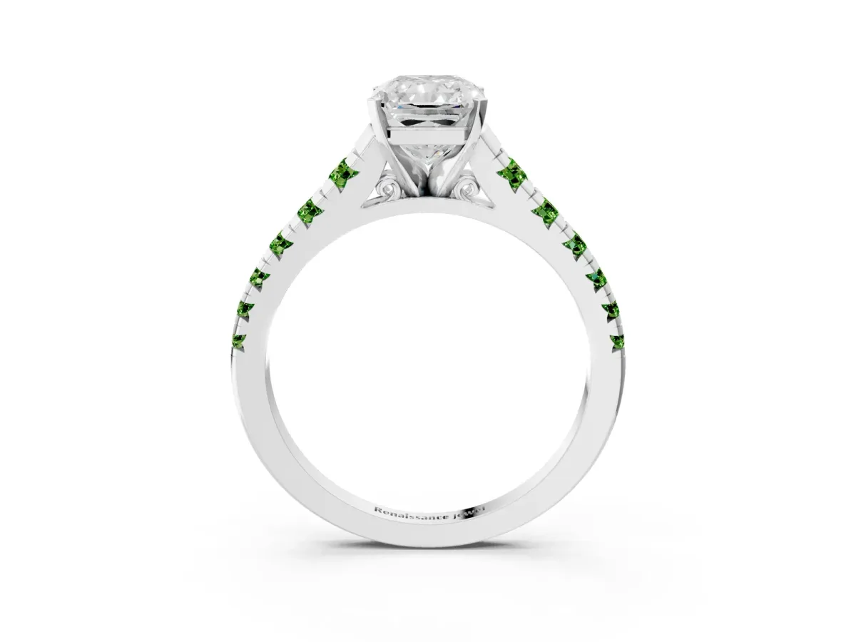 Radiant Cut Diamond Cathedral Solitaire Ring with Round Peridot Pavé Band Silver