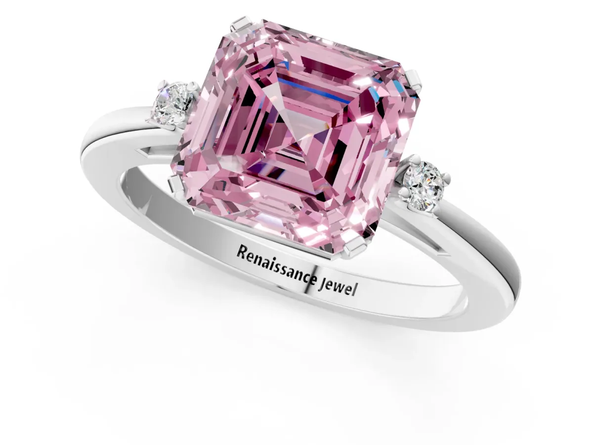 Fancy Pink Asscher Cut Cut Three-Stone Solitaire Ring with Round Accent Diamonds and Four-Prong Setting Platinum