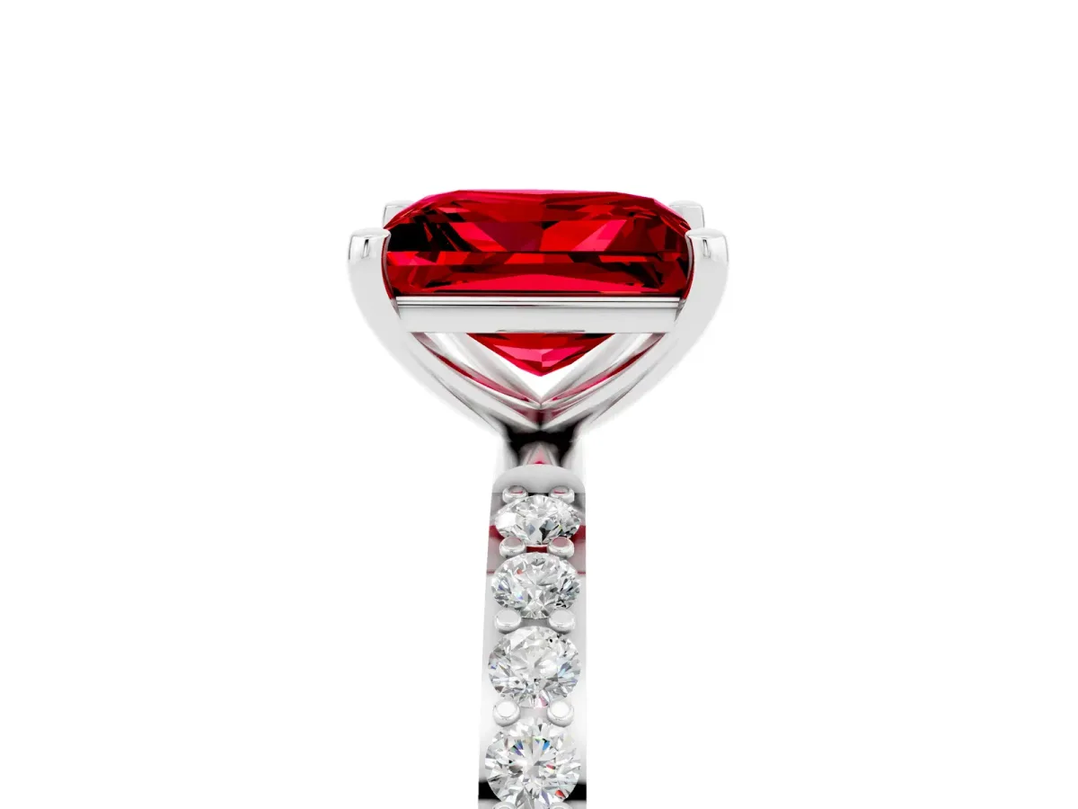 Princess Cut Ruby Solitaire Ring with Round Pavé Band and Prong Setting White gold
