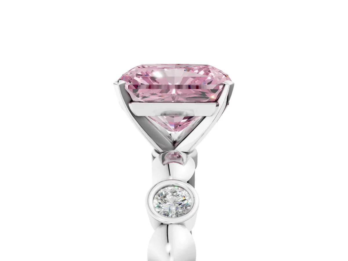 Fancy Pink Radiant Cut Solitaire Bezel-Set Diamond Ring with Beaded Band and Four-Prong Setting Platinum
