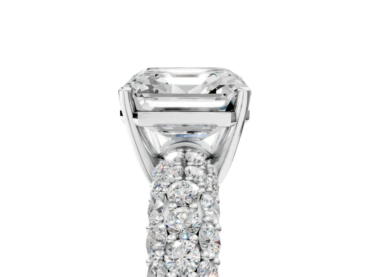 Asscher Cut Diamond Pavé Band Solitaire Ring with Four-Prong Setting Platinum