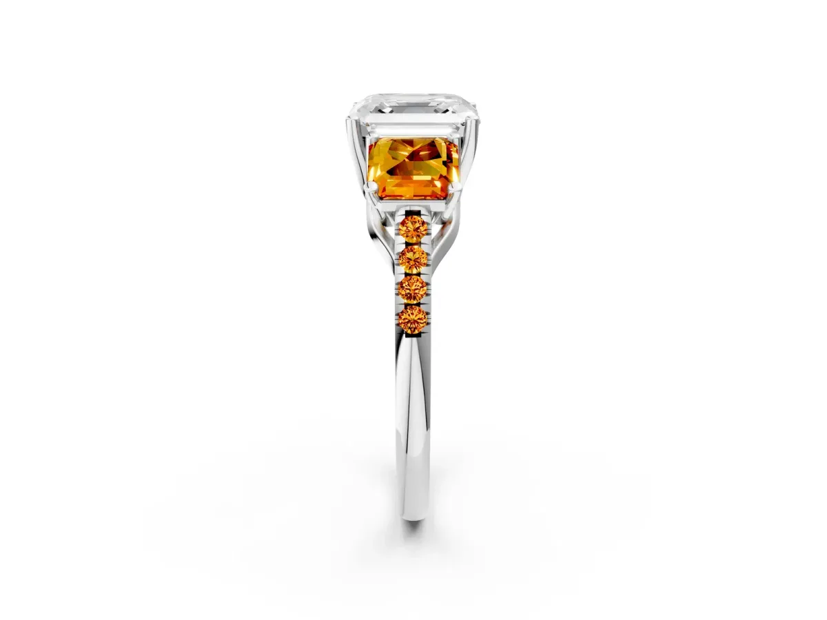 Three-Stone Asscher Cut Diamond Ring with Round Citrine Pavé Band and Prong Setting Silver