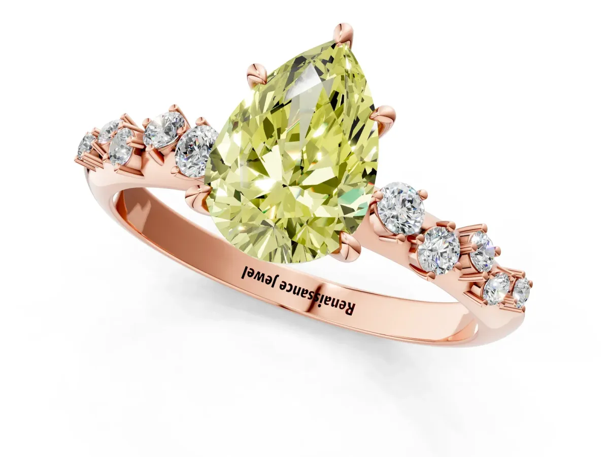 Fancy Yellow Pear Cut Diamond Cluster Side Stone Solitaire Ring with Prong Setting Rose gold