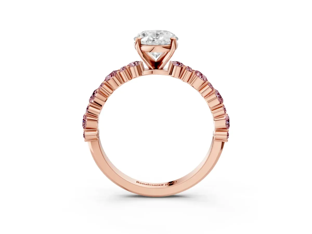 Oval Cut Diamond Side Stone Solitaire Ring with Round Morganite and Four-Prong Setting Rose gold