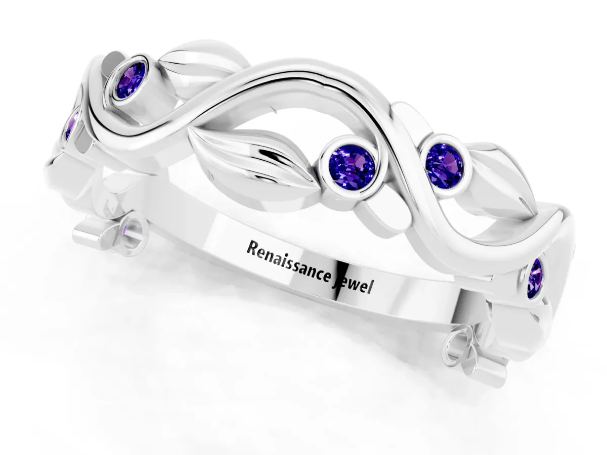 Round Tanzanite Leaf Eternity Band with Bezel Setting White gold