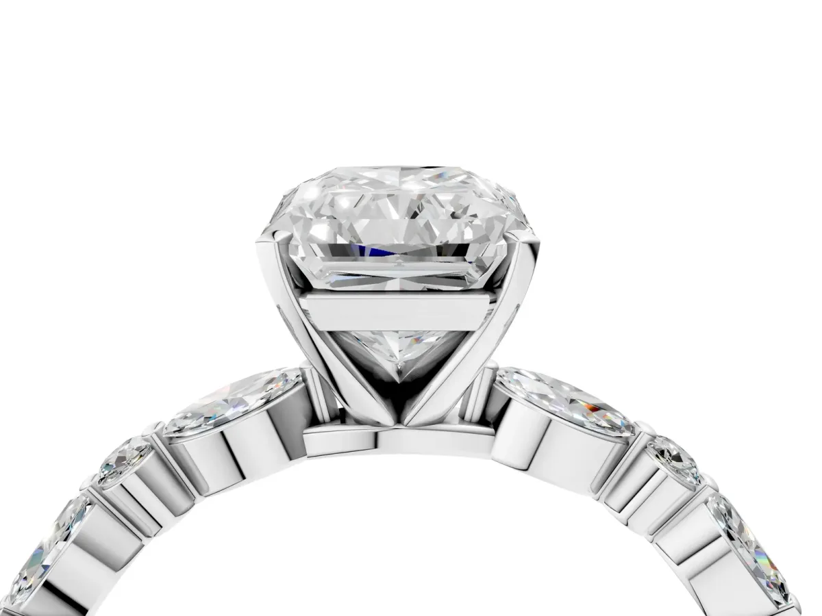 Radiant Cut Diamond Ring with Marquise and Round Side Stones and Four-Prong Setting Silver