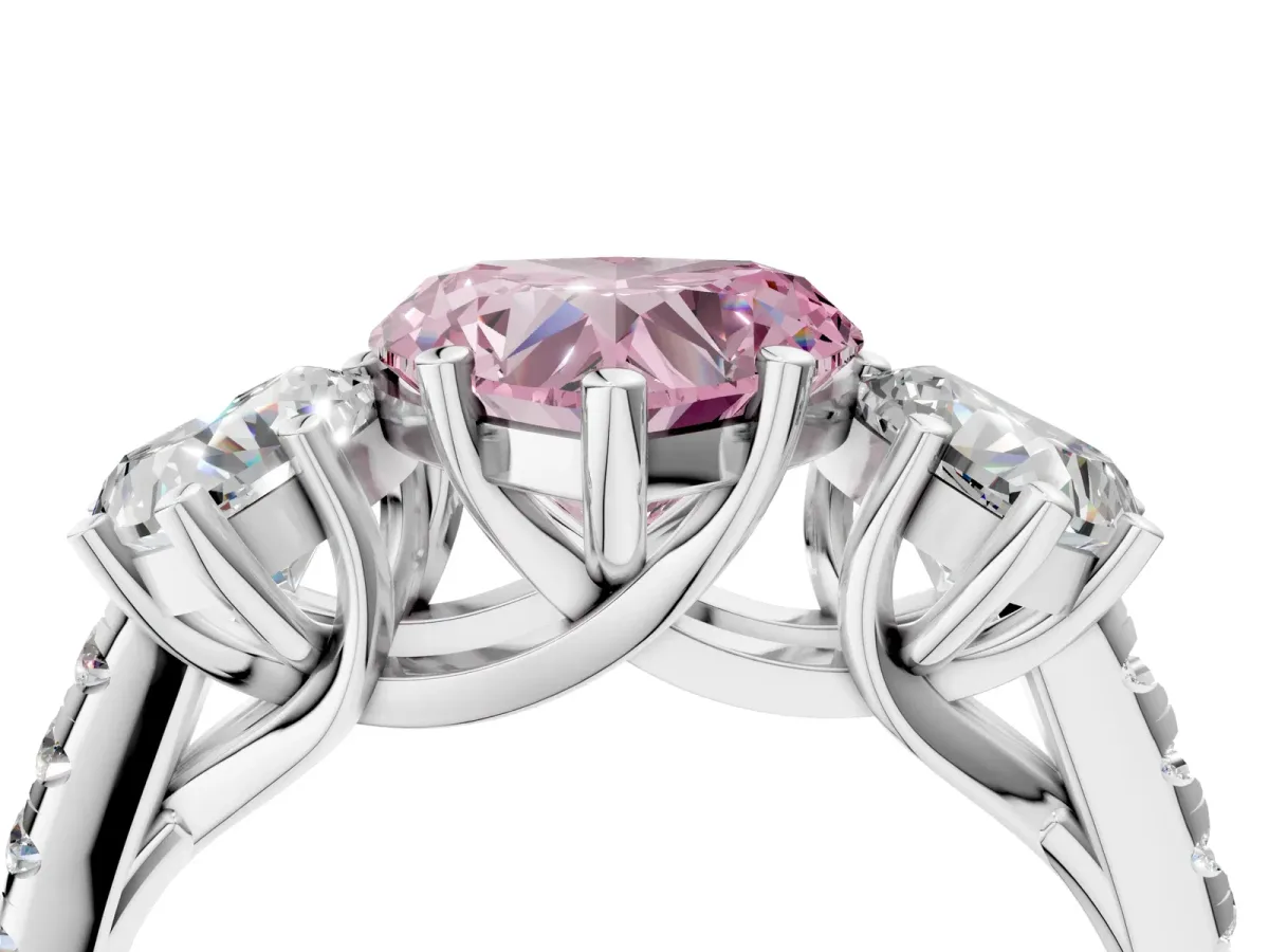 Fancy Pink Three-Stone Heart Cut Diamond Ring with Round Pavé Band and Prong Setting Silver