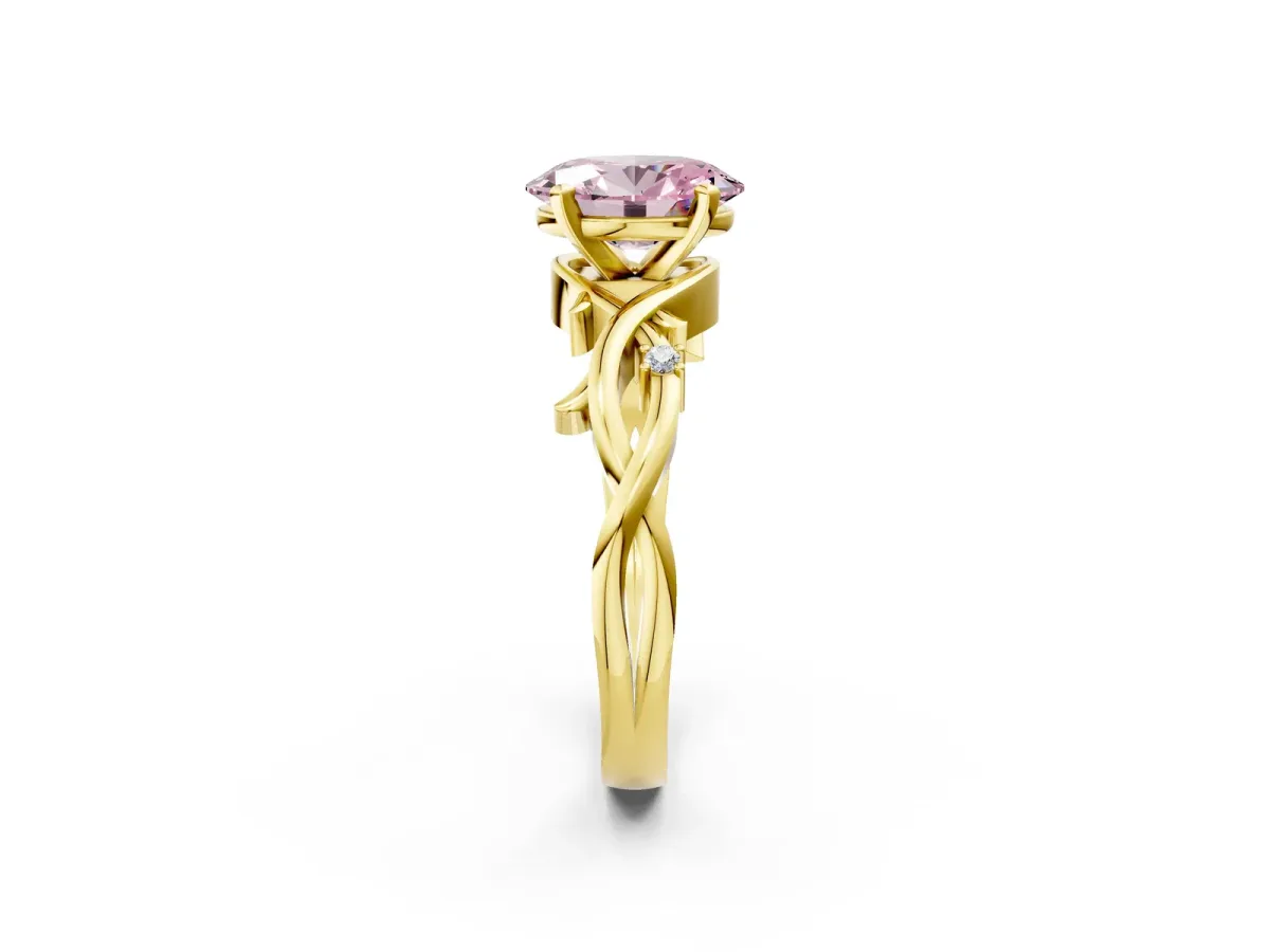 Fancy Pink Oval Cut Diamond Solitaire Ring with Twisted Band and Prong Setting Yellow gold