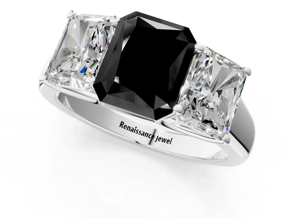 Fancy Black Radiant Cut Three-Stone Diamond Ring with Prong Setting on a Classic Band Platinum