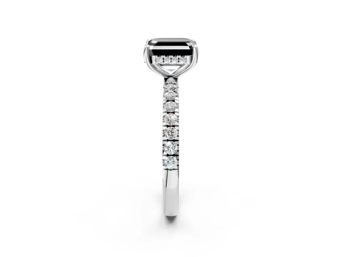 Fancy Black Asscher Cut Diamond Pave Band Solitaire Ring with Round and Prong Setting Platinum