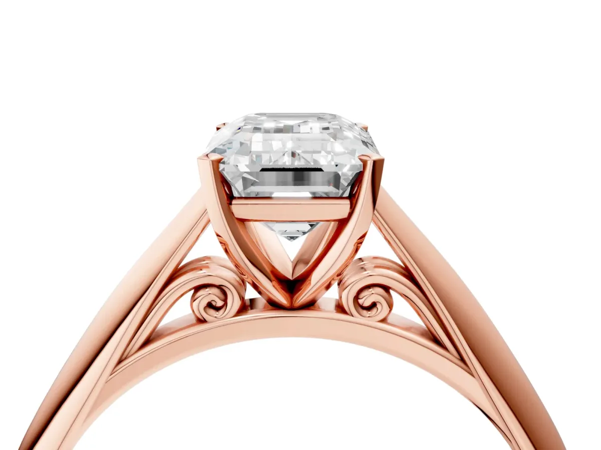 Emerald Cut Diamond Solitaire Engagement Ring with Cathedral Setting and Four-Prong Mount Rose gold