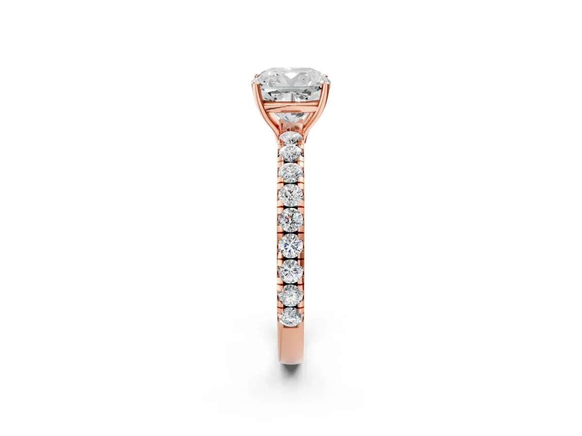 Cushion Cut Diamond Pavé Solitaire Engagement Ring with Four-Prong Setting Rose gold