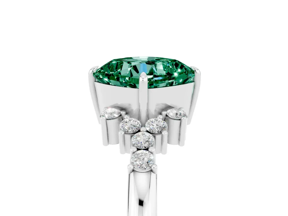 Cushion Cut Green Sapphire Ring with Side Stones and Four-Prong Setting Silver