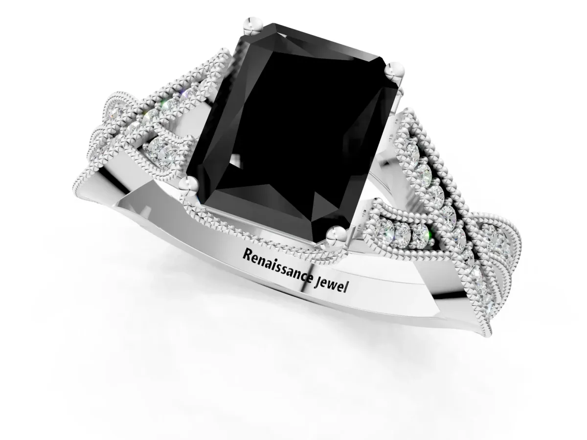 Fancy Black Radiant Cut Cut Diamond Twisted Band with Milgrain Pave Setting and Four-Prong Setting Platinum