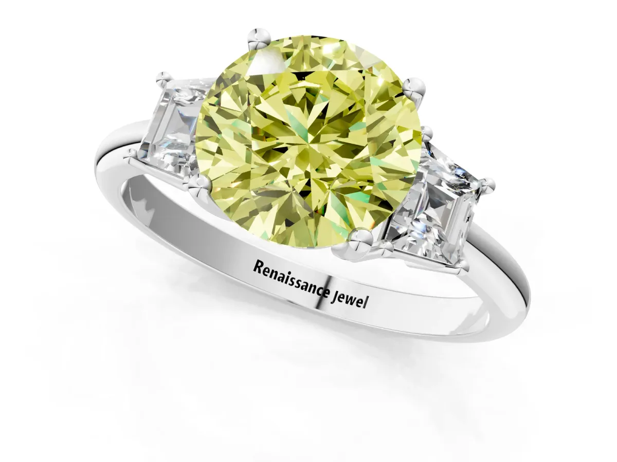 Fancy Yellow Round Cut Diamond Three-Stone Ring with Trapezoid Side Stones and Prong Setting Silver