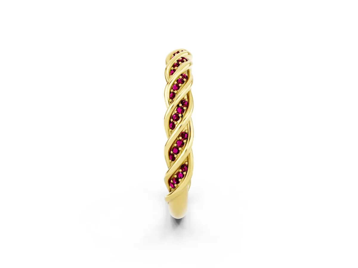 Twisted Pavé Round Garnet Eternity Band with Shared Prong Setting Yellow gold