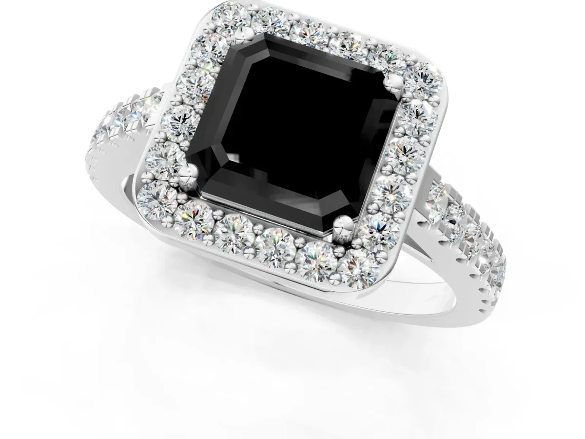Fancy Black Asscher Cut Diamond Halo Ring with Round Pavé Split Shank and Prong Setting Platinum