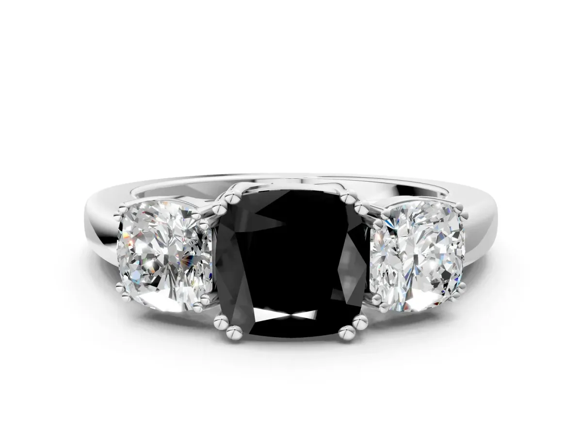 Fancy Black Three-Stone Cushion Cut Cut Diamond Ring with Channel Set Band and Four-Prong Setting Silver