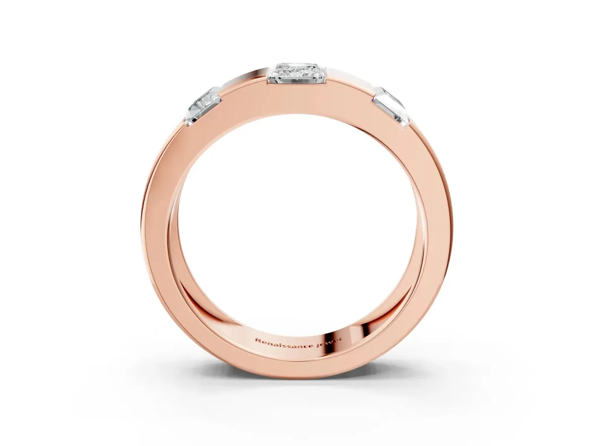 Emerald Cut Diamond Three-Stone Mens Ring with Baguette Side Stones Rose gold