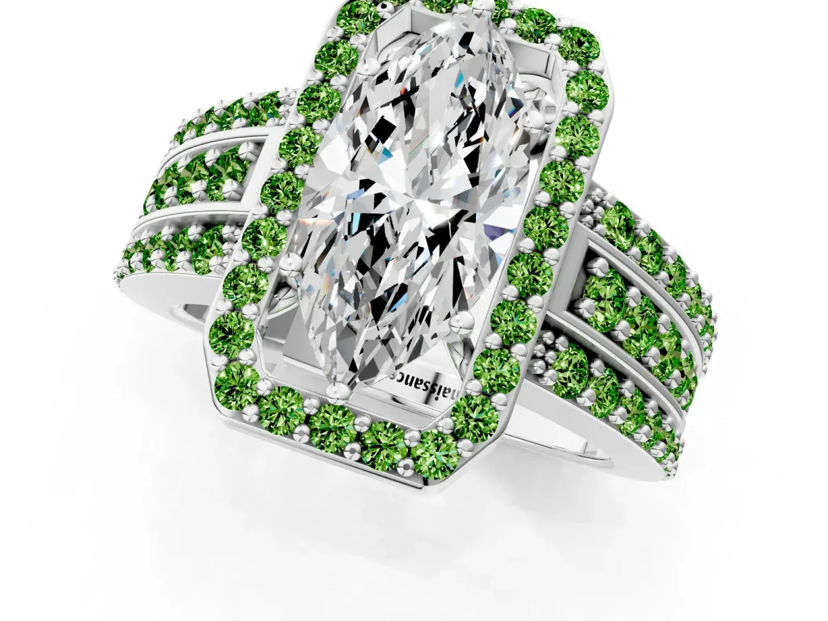 Marquise Cut Halo Diamond Ring with Round Peridot Split Shank and Prong Setting Silver