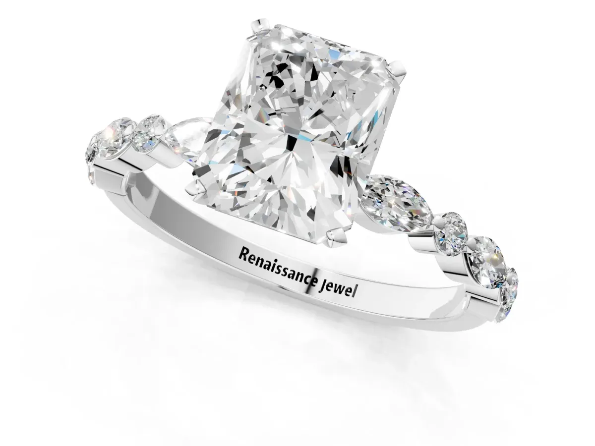Radiant Cut Diamond Ring with Marquise and Round Side Stones and Four-Prong Setting Silver