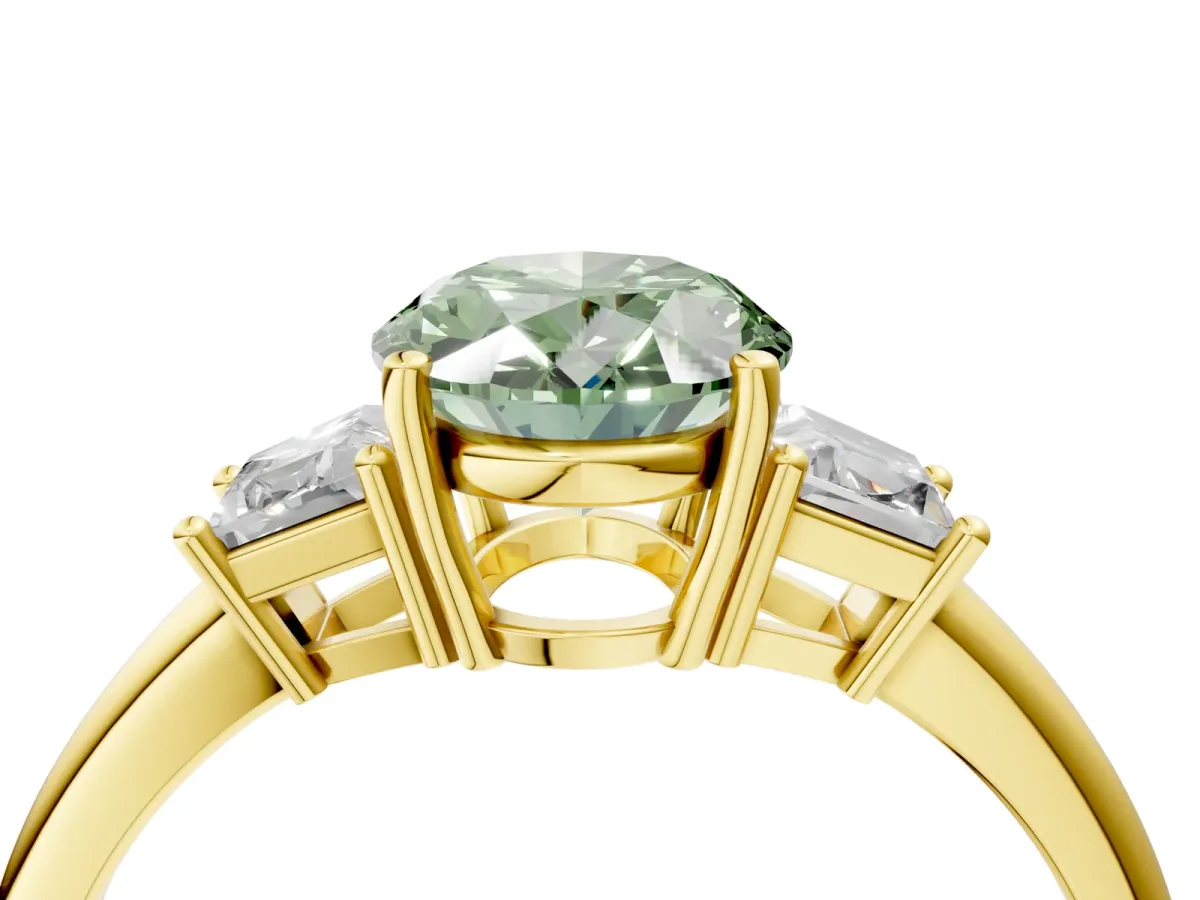 Fancy Green Oval Cut Diamond Three-Stone Ring with Trapezoid Side Stones and Prong Setting Yellow gold