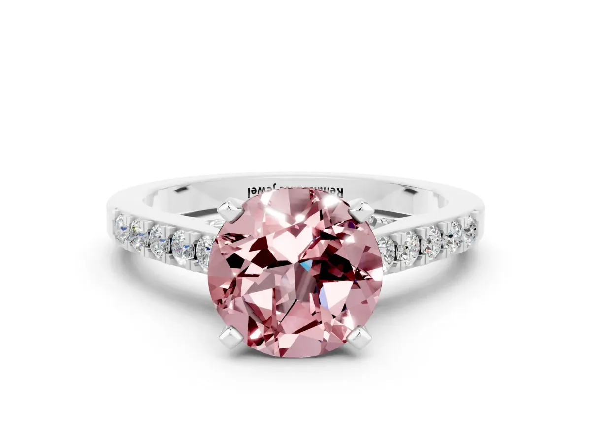Round Cut Morganite Solitaire Ring with Crossover Gallery and Round Pavé Band Silver