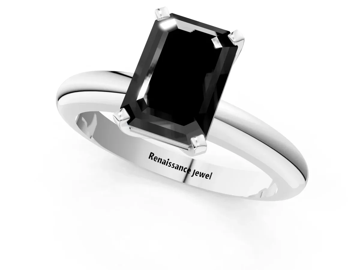 Fancy Black Emerald Cut Diamond Solitaire Engagement Ring with Round Band and Four-Prong Setting Silver