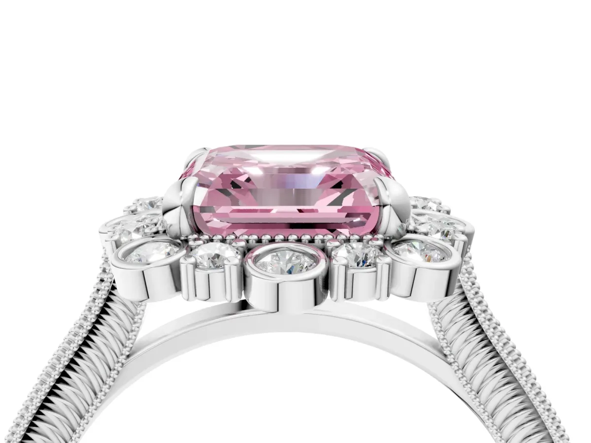 Fancy Pink Asscher Cut Halo Milgrain Pave Diamond Ring with Four-Prong Setting Platinum