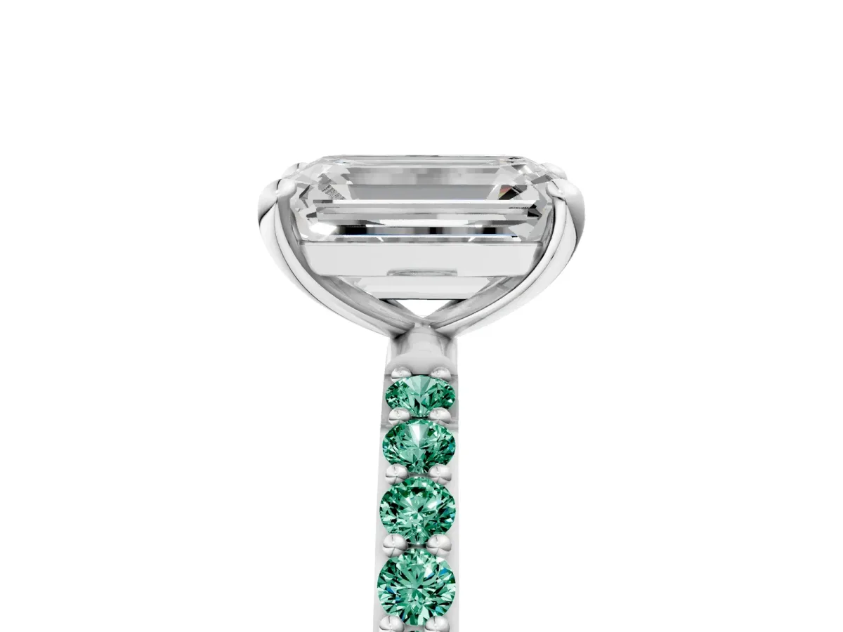 Emerald Cut Diamond Solitaire Ring with Round Green Sapphire Pavé Band and Prong Setting Silver