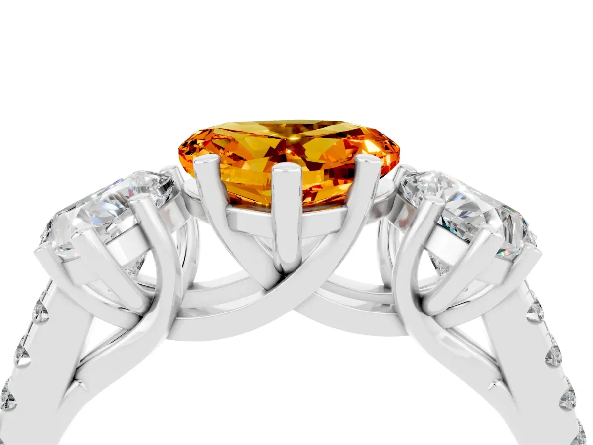 Three-Stone Heart Cut Citrine Ring with Round Pavé Band and Prong Setting Silver