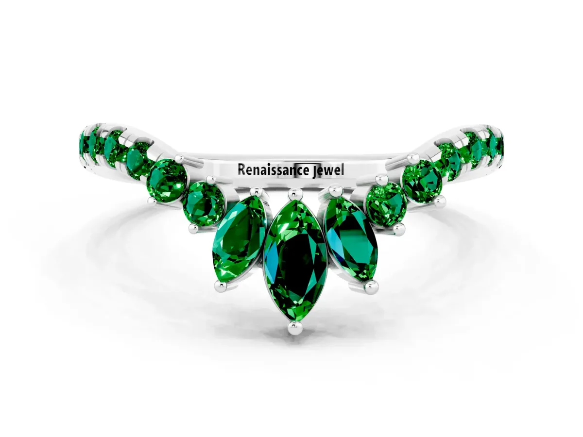 Chevron Marquise and Round Emerald Open Band with Prong Setting Silver