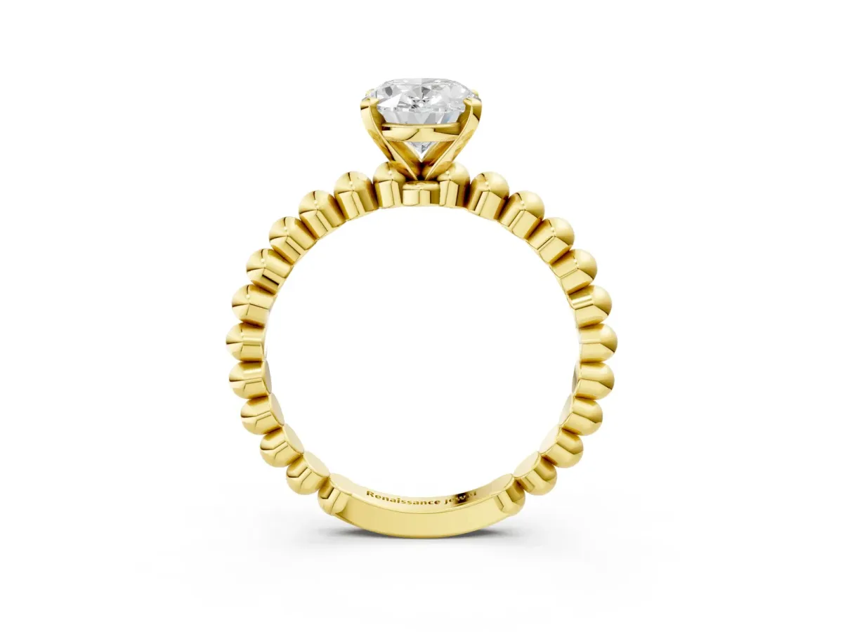Oval Cut Diamond Solitaire Ring with Beaded Band and Prong Setting Yellow gold